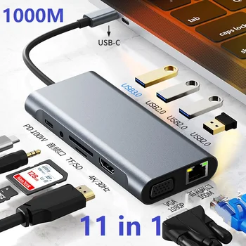 11в1 Тип C USB3.0 Док-Станция HDMI, VGA, RJ45 Сетевой Адаптер для Портативных ПК MacBook HP Dell XPS Lenovo ThinkPad Asus Toshiba