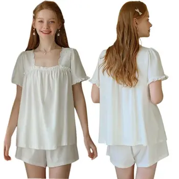 2023 Женские белые комплекты из двух предметов, Ночная пижама, Пижамный топ с разрезом и шорты, Летняя домашняя одежда
