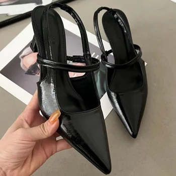 2023 Летние Новые женские черные босоножки с откидным верхом, острый носок, 5 см, высокие каблуки, потрескавшиеся сандалии из телячьей кожи, обувь для вечеринок, Бесплатная доставка