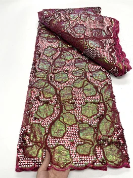 2023 Модное Высококачественное Гипюрово-Африканское платье из тюля в Нигерийском стиле, Кружевная ткань с вышивкой, Свадебная вечеринка, расшитая бисером и пайетками, 5 ярдов