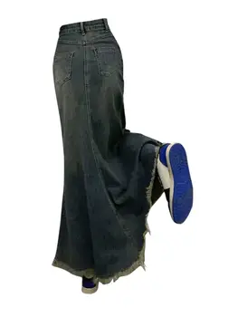 2023 Новая женская одежда с высокой талией и мешковатым разрезом в стиле ретро с пуговицами, джинсовое платье-рубашка Hot Girl 90-х Y2K, синяя стирка