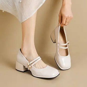 2023 Осенние женские Повседневные туфли на высоком Каблуке Mary Janes Белого цвета с квадратным носком Для карьеры и поездок на работу в корейском стиле 34-43