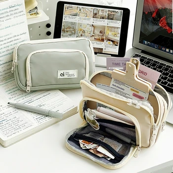 Aikanuo, светлый пенал, сумка для ручек, Передний карман, Тканевый мешочек с двумя отделениями для школьных канцелярских принадлежностей A7481