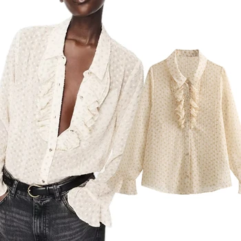Maxdutti 2023, Французская модная женская блузка, Женская повседневная рубашка, Осенняя Новая Жаккардовая Шифоновая Бежевая Элегантная рубашка с длинным рукавом, топы