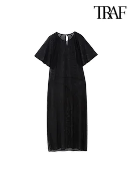 TRAF Женское модное Полупрозрачное платье Миди из тюля с круглым вырезом и короткими рукавами-накидками, женские платья Vestidos Mujer