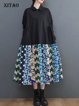 XITAO Свободное платье-рубашка в стиле пэчворк с принтом, Повседневные Нерегулярные складки, отложной воротник, женское осеннее трендовое платье в стиле простоты DMJ2435
