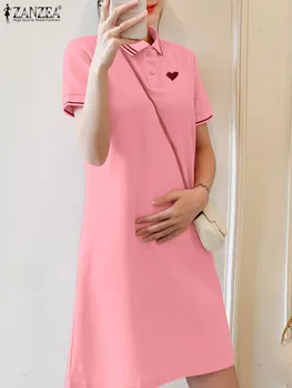 ZANZEA 2023 Летнее платье с коротким рукавом, вязаное мини-платье с вышивкой, женское повседневное платье-рубашка, корейская мода, халаты с отворотом и воротником