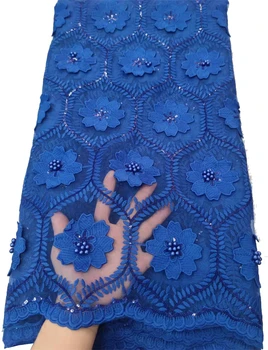 Африканские блестки Тюль Кружевная ткань Высококачественная Французская Сетчатая Кружевная Ткань Вышивка бисером Нигерийская Ткань Свадебная ETB213 Королевский синий