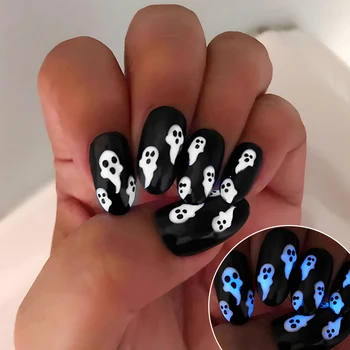 Белый Черный Хэллоуин Светящийся Плавающий Призрак Круглые вставки Миндаль Поддельный Арт-лак для ногтей Готовый Накладной Маникюр с клеем для ногтей