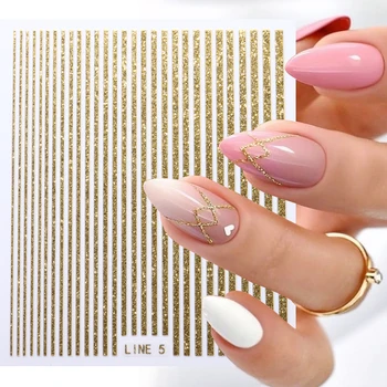 Блестящие 3D-наклейки для ногтей Glitter Line, Золотые, Серебряные, Голографические полосы, Геометрическая Клейкая лента, Гель для ногтей, Слайдеры для украшения