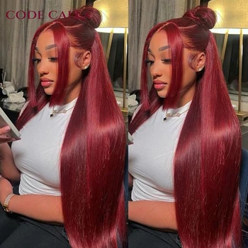 Бордовые прозрачные парики из человеческих волос на кружеве 13x4, красные, 99J, прямые, на 180% цветные, для женщин, бразильские парики Remy