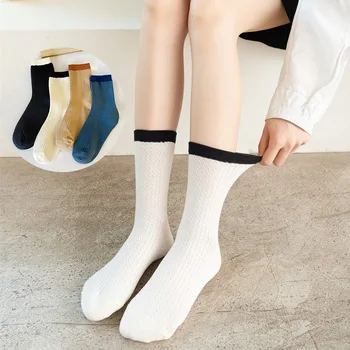 Весенние Новые модные Носки контрастного цвета для женщин, простые универсальные хлопчатобумажные носки в академическом стиле, сетчатые дышащие носки средней длины