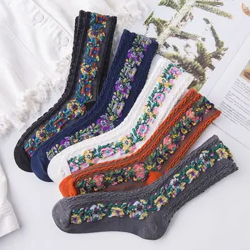 Винтажные осенне-зимние жаккардовые носки Vincennes в этническом стиле с цветочным рисунком, средней длины, с цветочным рисунком