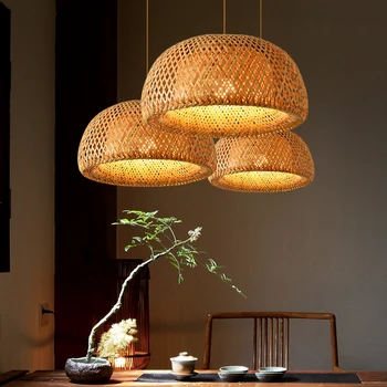 Винтажный подвесной светильник ручной работы, бамбуковые люстры для кафе в ресторане, Деревянное основание, лампа E27, классический интерьер гостиничной спальни, освещение