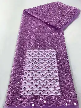 Высококачественная фиолетовая 3D вышивка блестками, французская сетчатая кружевная ткань, новейшая африканская кружевная ткань из тюля с ручным бисером, материал для вечернего платья