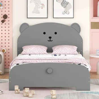 Деревянная кровать-платформа в натуральную величину с изголовьем и изножьем в форме медведя для мебели для спальни в помещении, серый
