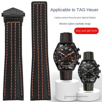 Для TAG -Heuer Calera Porsche co -branded Monaco F1 Нейлоновый ремешок для часов из натуральной кожи 22 мм, пряжка из нержавеющей стали, мужские аксессуары