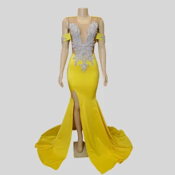 Желтые афроамериканские платья для выпускного вечера, Русалка, Прозрачные Бисерные кристаллы, Черные девушки, Нигерийское вечернее платье Robe De Soiree, платье