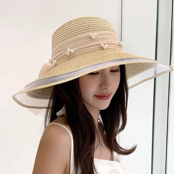 Женская летняя соломенная шляпа приморская туристическая пляжная шляпа новый сетчатый жемчужный козырек повседневная солнцезащитная шляпа с широкими полями Модная панама