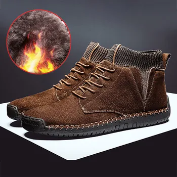 Зимние мужские британские ботинки 2023 года, Повседневная замшевая обувь большого размера, Вязаные Пушистые Теплые мужские зимние ботинки, Уличная обувь для прогулок