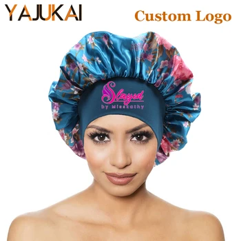 Индивидуальный логотип для атласной шляпки с эластичной мягкой лентой, шапочка для волос с цветочным принтом, Персонализированные спальные шапочки в китайском стиле