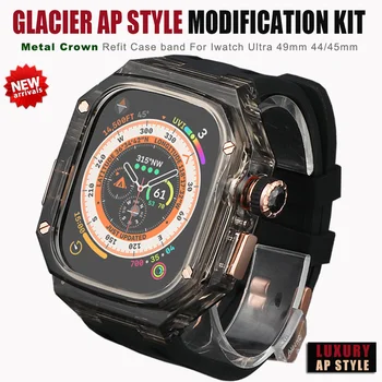 Комплект модификации Glacier для Apple Watch Ultra 49 мм Роскошный металлический прозрачный корпус резинка iWatch Series 8 7 6 SE 45 мм 44 мм