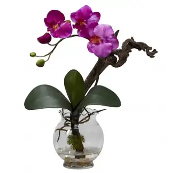 Композиция из искусственных цветов фаленопсис с рифленой вазой, фиолетовый