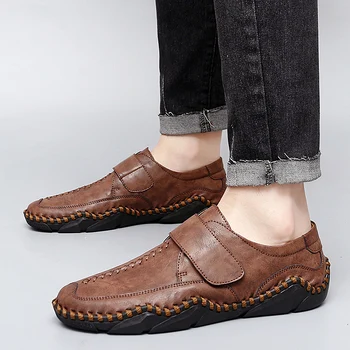 Модные мужские новые повседневные туфли на липучке, удобные деловые кожаные туфли, легкие, большого размера