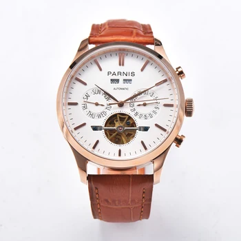 Модные мужские часы Parnis 43 мм из розового золота с автоматическими механическими часами, Кожаный календарь, мужские спортивные наручные часы 2023, мужские часы в подарок