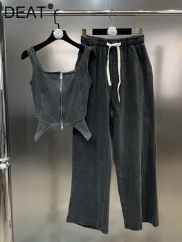 Модный Винтажный джинсовый комплект из двух предметов для женщин, майка на молнии без рукавов, Прямые брюки с завязками на талии, осень 2023 г. 11XX5033