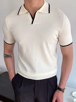 Мужская рубашка-поло, трикотажная одежда, Летняя Повседневная футболка-поло с лацканами и пуговицами в стиле пэчворк, короткий рукав, мужские модные трикотажные топы, уличная одежда