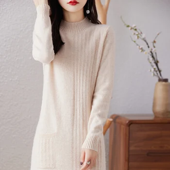 Новое женское платье из 100% шерсти с высоким воротом, 4 цвета, модный приталенный длинный вязаный пуловер с длинными рукавами, женское платье, свитер