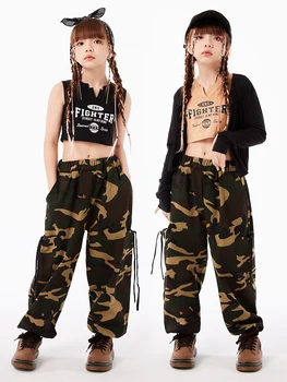 Одежда для девочек в стиле хип-хоп, костюм для джазового выступления, укороченные топы, камуфляжные брюки, летняя детская концертная одежда для сцены, костюм BL10844