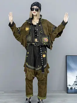 Персонализированная крутая джинсовая куртка с рюшами в стиле пэчворк и длинными рукавами, шаровары, женский модный прямой костюм из двух предметов