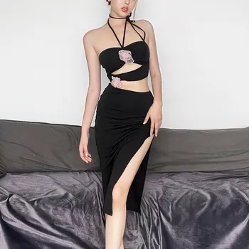 Сексуальное Черное длинное платье с вырезом на бретелях Y2K с открытыми плечами и открытой спиной, облегающее платье с 3D цветами, Vestidos, клубная одежда для ночных вечеринок, Vestidos