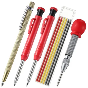 Твердый плотницкий карандаш с 6 шт. заправками Деревообрабатывающая ручка для черчения, маркер, инструмент для разметки, сверло с автоматическим центральным штифтом